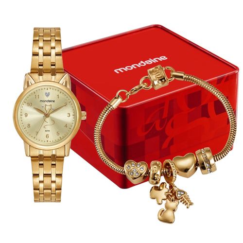 Kit Relógio Feminino Dourado Tema Gato Com Pulseira