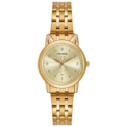 Kit Relógio Feminino Dourado Tema Gato Com Pulseira