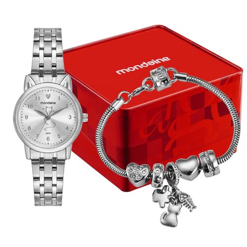 Kit Relógio Feminino Prata Tema Gato Com Pulseira