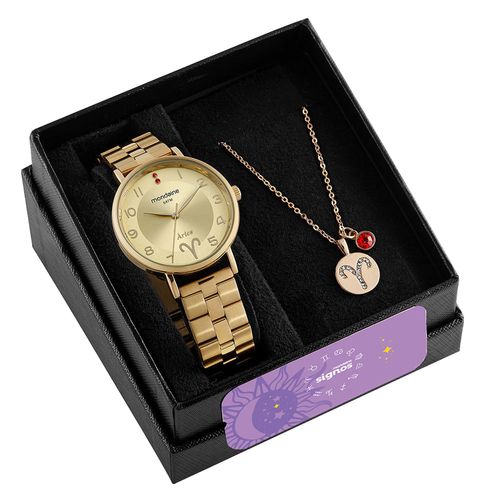 Kit Relógio Feminino Dourado Signo Áries Com Acessório