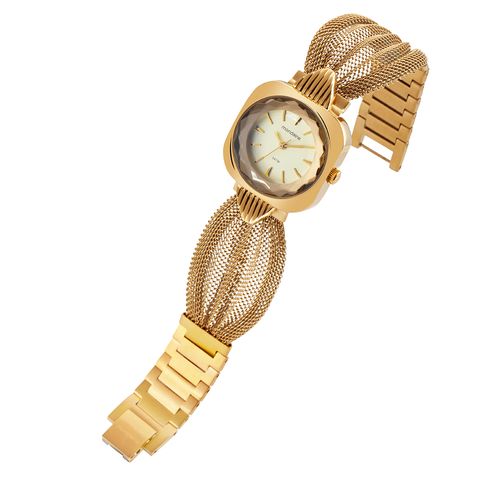 Relógio Feminino Quadrado Dourado Vidro Facetado