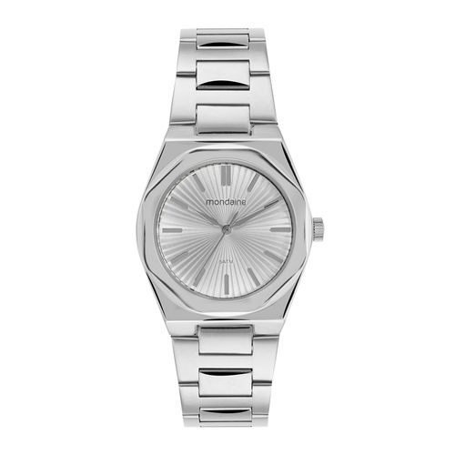 Relógio Feminino Aço Bezel Facetado Prata