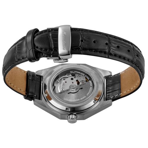 Relógio Masculino Automático Safira Couro Preto